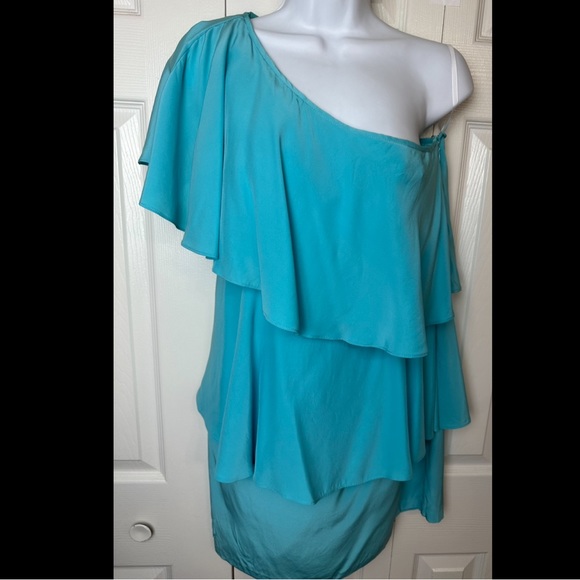 ANNIE GRIFFIN Charlotte One Shoulder Dress Turquoise Aqua Blue 100% Silk Ruffle - Picture 5 of 10
